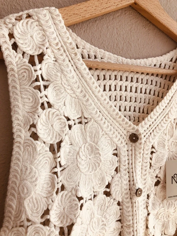 Colete em crochet boho com franjas – Novo em Branco creme – photo 3